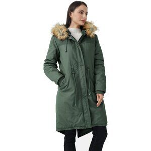 Women's Olive Light Fluffy Lined Long Sleeve Hooded Vest Jacket Coat Winter Warm